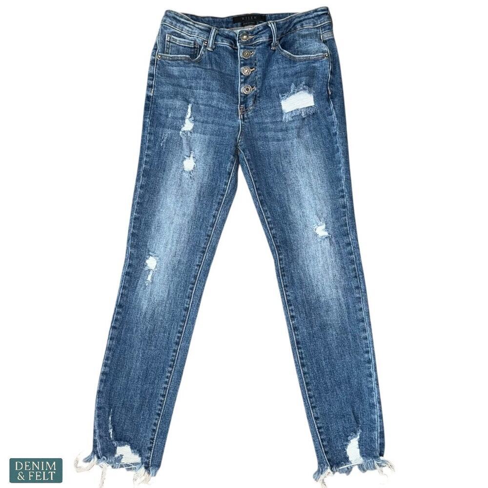 Risen Distressed Button Fly Skinny Jeans Women’s Size 28/7 Blue Raw Hem‎ Denim